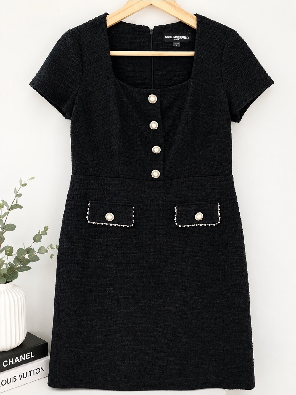 Karl Lagerfeld Black Tweed Mini Dress with Pearl Buttons